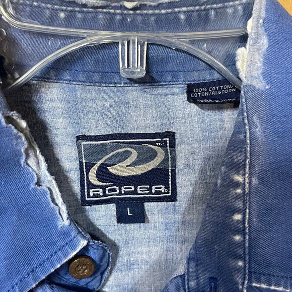 🐂 Roper Western Cattle Print Pearl Snap Shirt – Blue – Size L - Picture 7 of 10